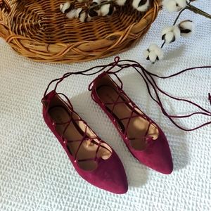 Burgundy suede lace up flats